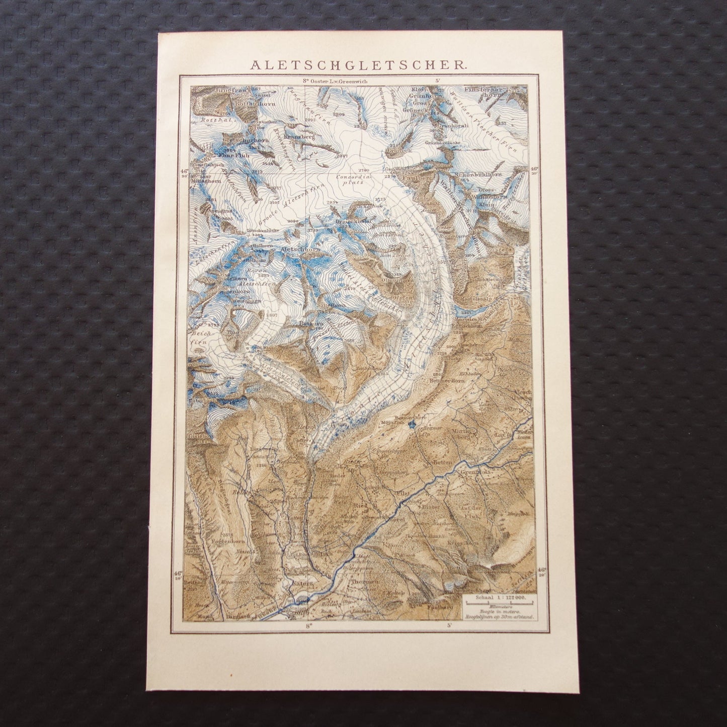 Oude kaart van de Aletschgletsjer uit 1908 originele vintage landkaart Aletschgebied Zwitserland