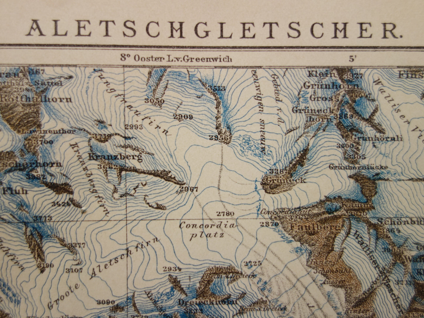 Old map of the Aletsch Glacier from 1908 original vintage map Aletsch area Switzerland