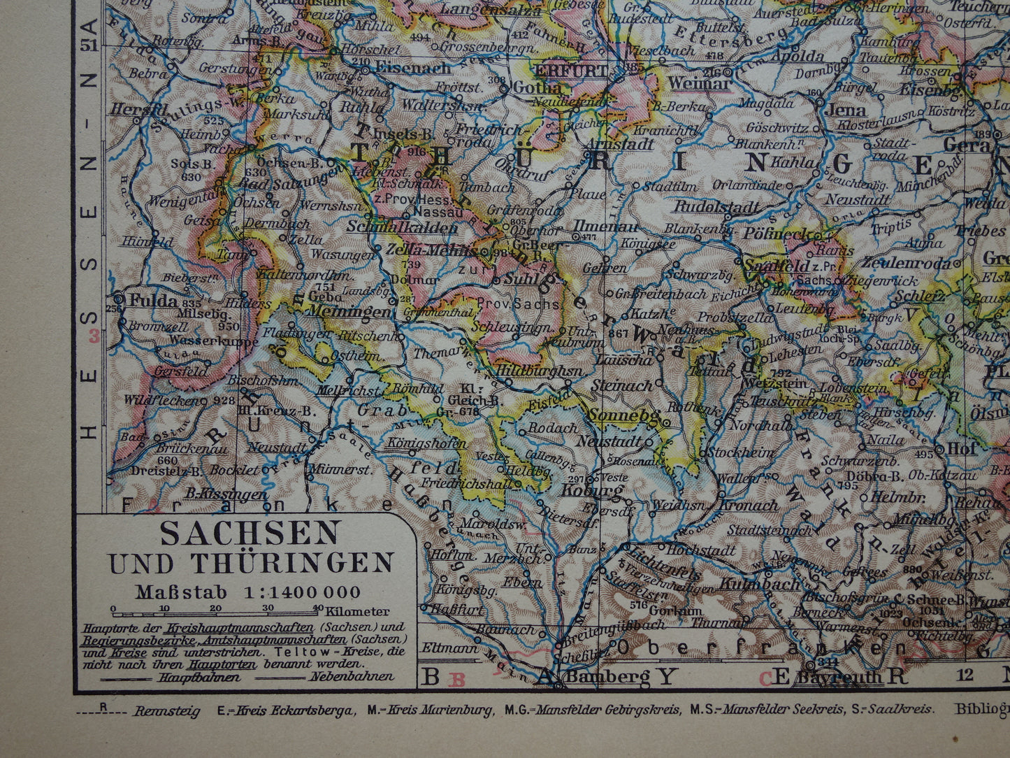 Thuringia and Saxony old map of Germany from 1931 original vintage map Leipzig Dresden Halle