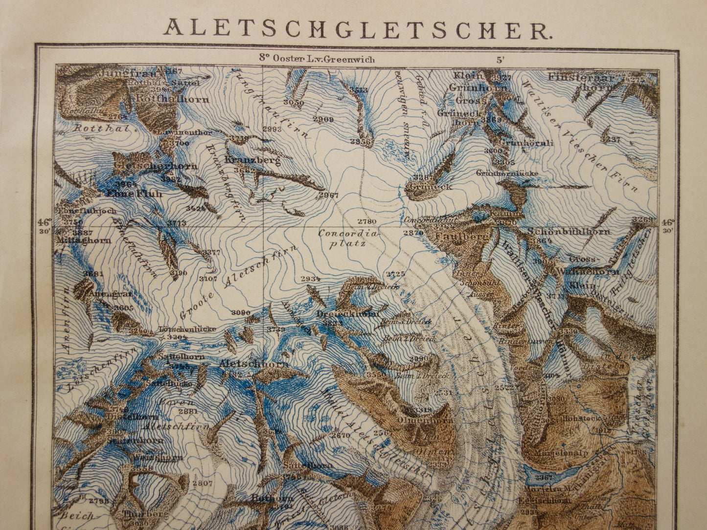 Old map of the Aletsch Glacier from 1908 original vintage map Aletsch area Switzerland