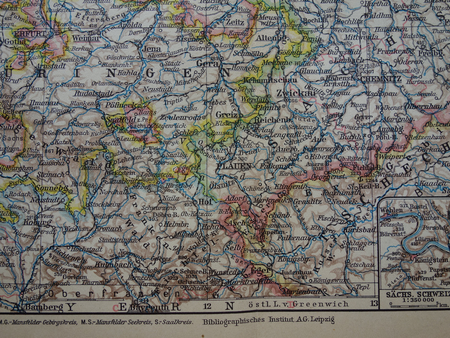 Thuringia and Saxony old map of Germany from 1931 original vintage map Leipzig Dresden Halle