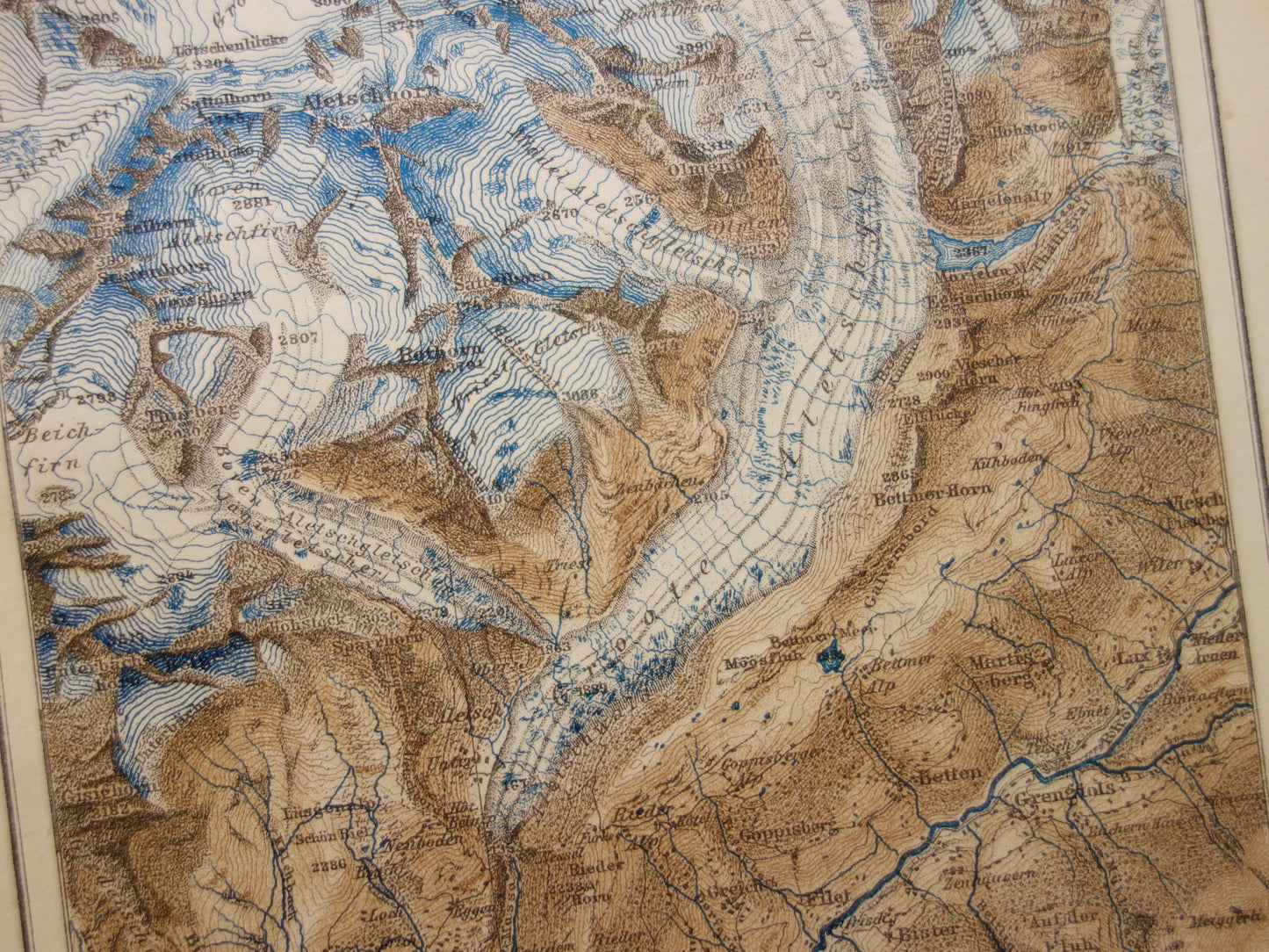 Old map of the Aletsch Glacier from 1908 original vintage map Aletsch area Switzerland