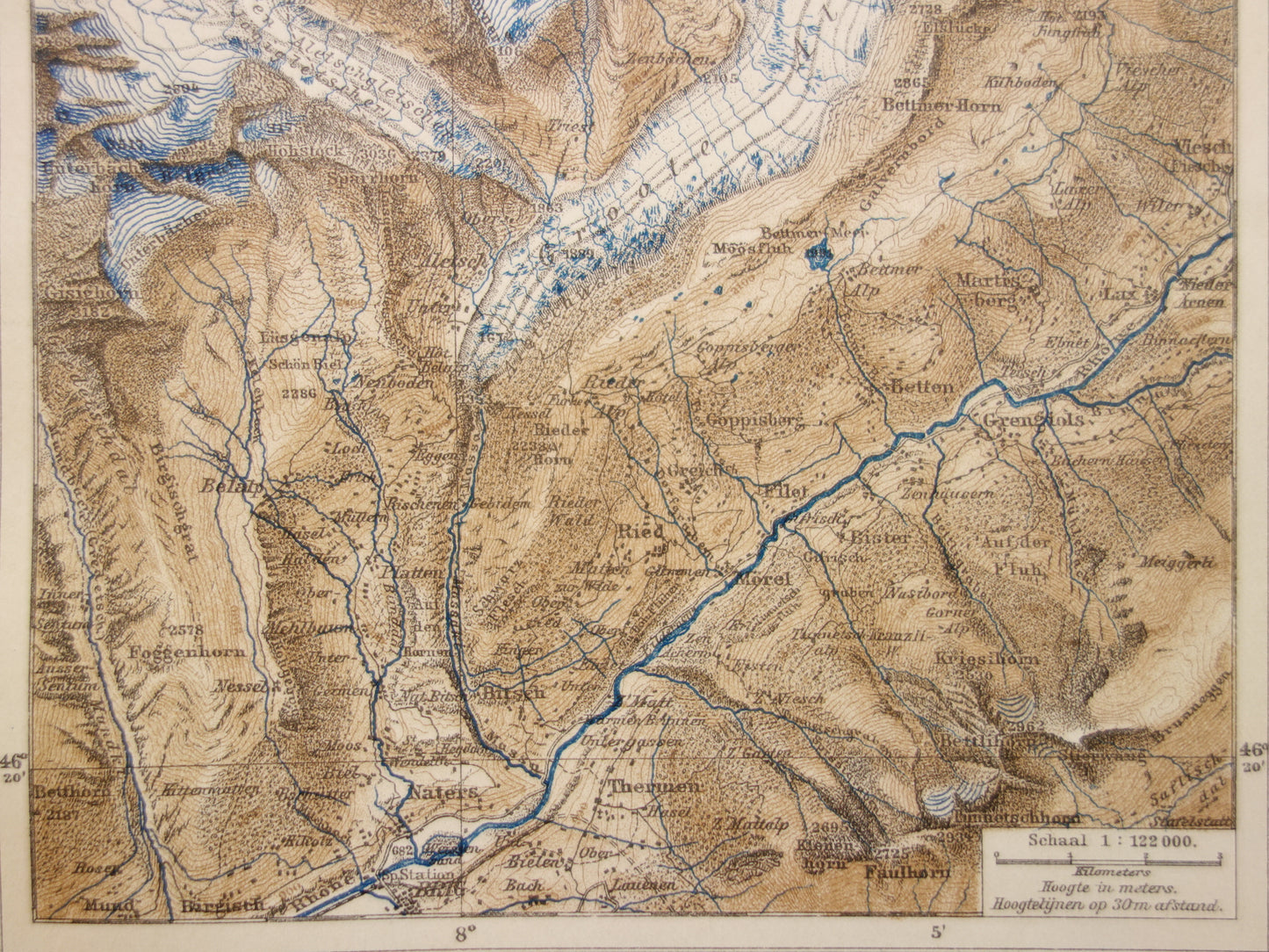 Old map of the Aletsch Glacier from 1908 original vintage map Aletsch area Switzerland
