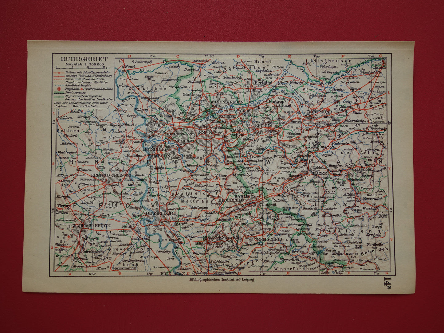 RUHR AREA Small old map of Ruhr area from 1928 original vintage German map Cologne Essen Dortmund