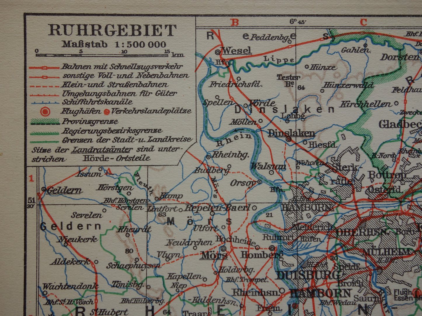 RUHR AREA Small old map of Ruhr area from 1928 original vintage German map Cologne Essen Dortmund