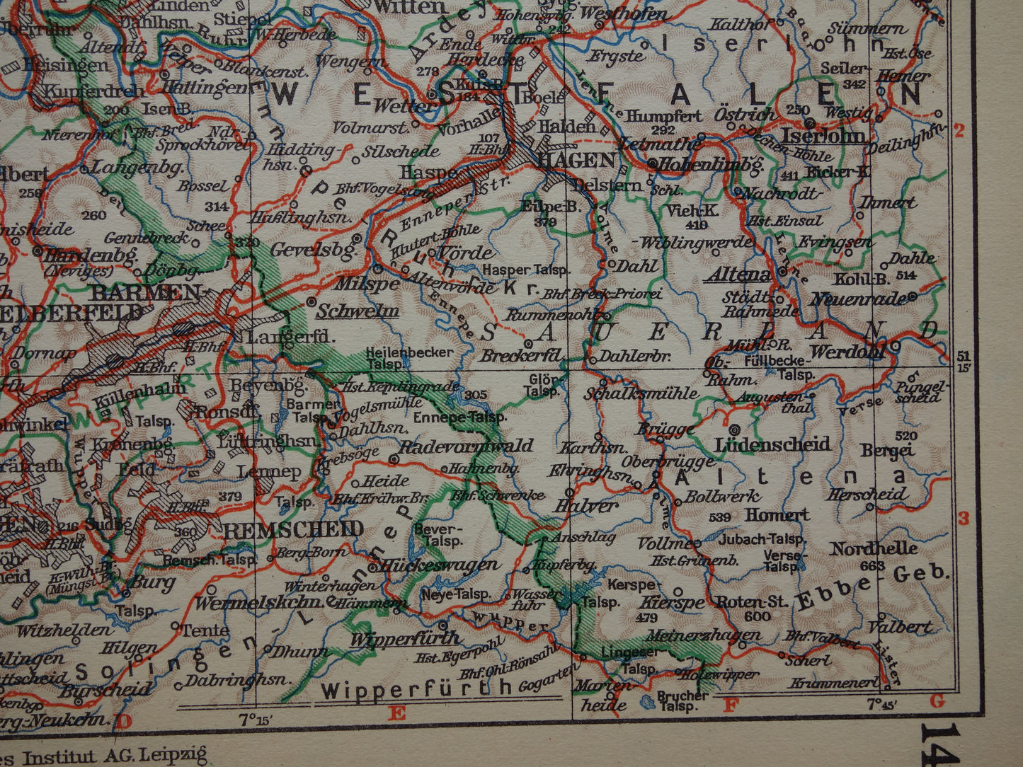 RUHR AREA Small old map of Ruhr area from 1928 original vintage German map Cologne Essen Dortmund