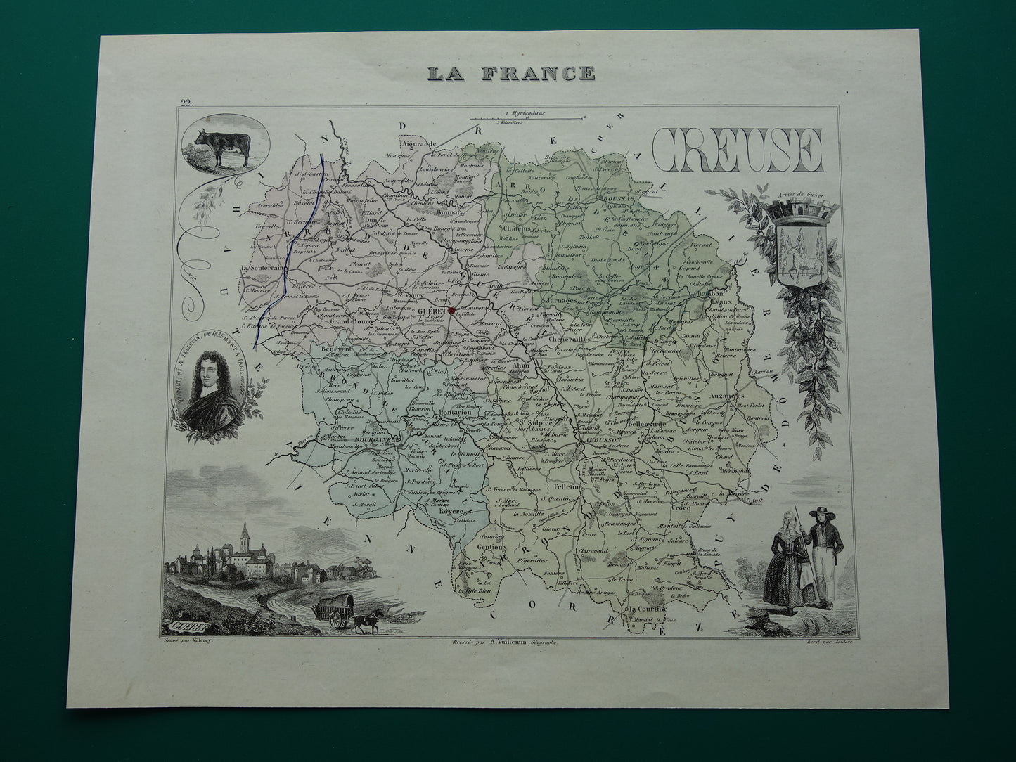 CREUSE Map of Creuse department in France from 1870 original antique old hand colored map Guéret