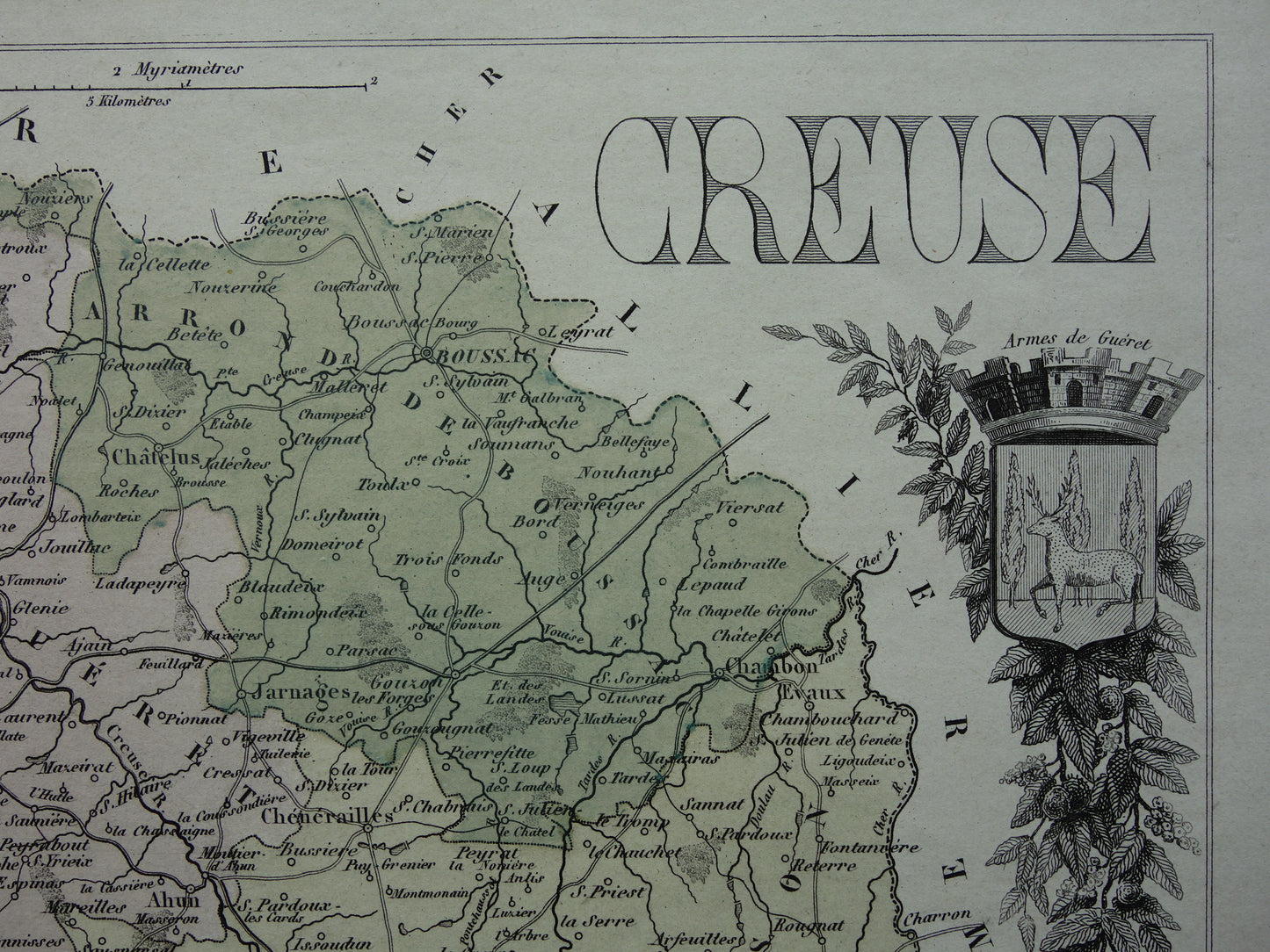 CREUSE Map of Creuse department in France from 1870 original antique old hand colored map Guéret