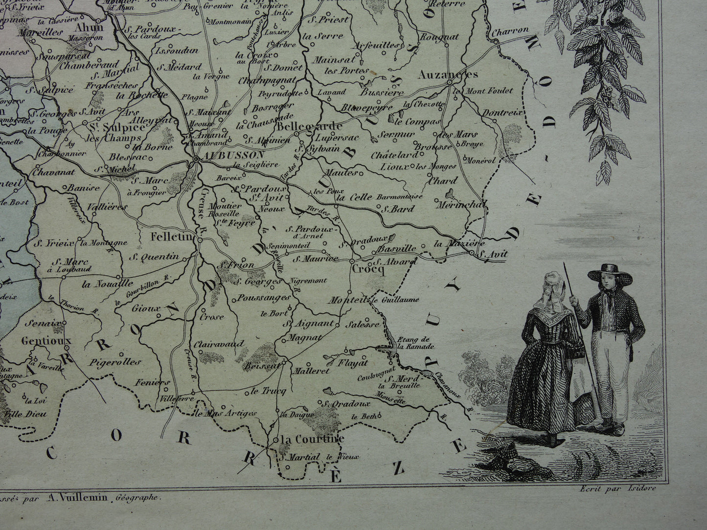 CREUSE Map of Creuse department in France from 1870 original antique old hand colored map Guéret