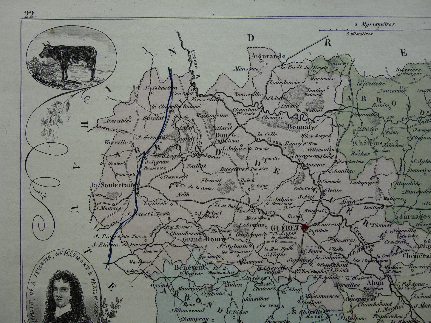 CREUSE Map of Creuse department in France from 1870 original antique old hand colored map Guéret