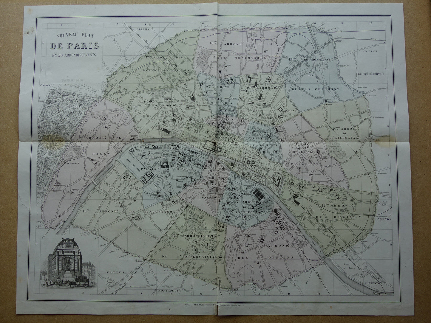 Old map of Paris from the year 1869 DAMAGED Large original antique map Paris historical vintage maps