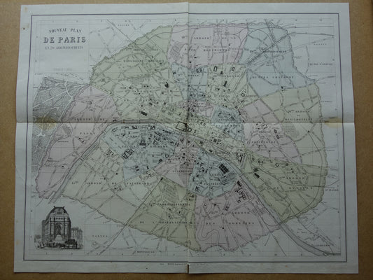 Old map of Paris from the year 1869 DAMAGED Large original antique map Paris historical vintage maps