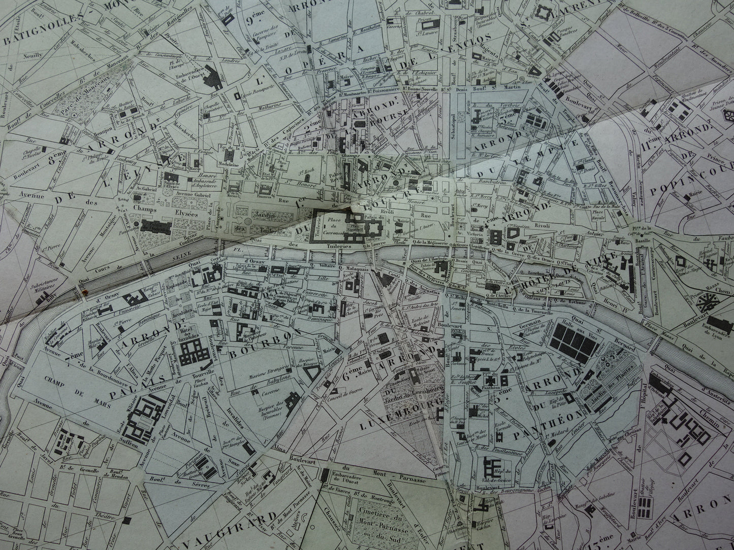 Old map of Paris from the year 1869 DAMAGED Large original antique map Paris historical vintage maps