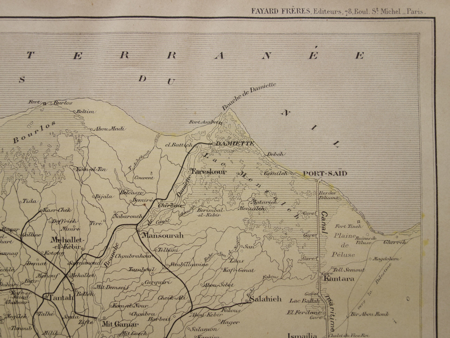 EGYPT antique map of the Nile Delta from 1896 Old French hand-colored map of the mouth of the Nile