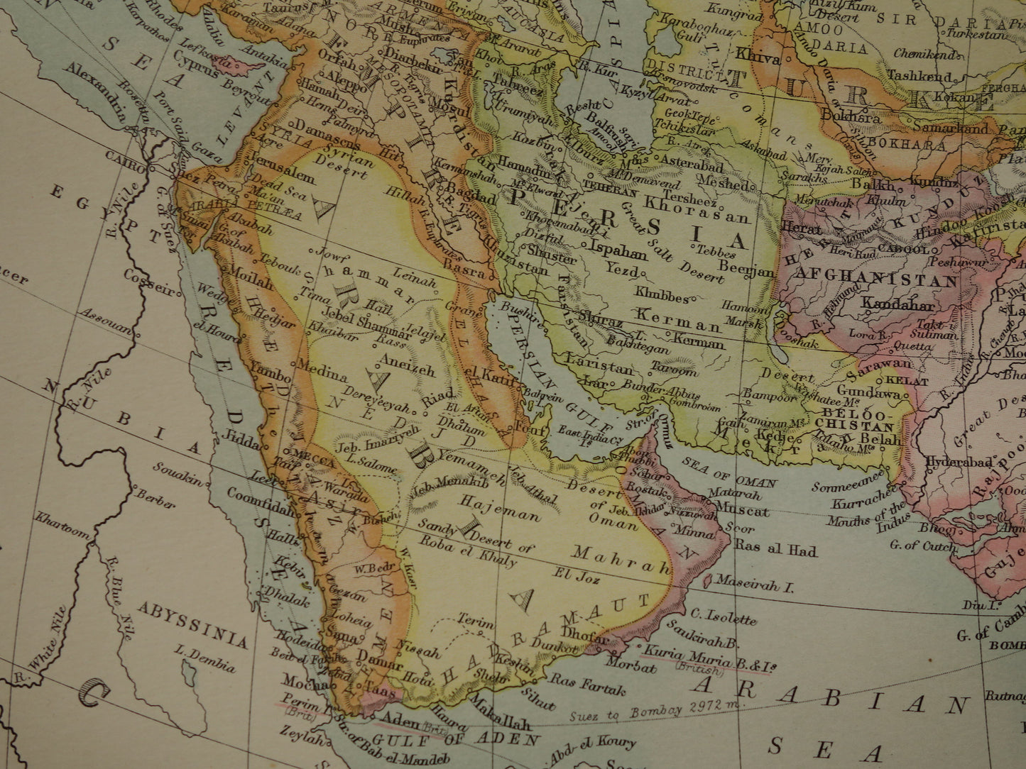 ASIA old map 1890 original antique English map of continent Asia poster