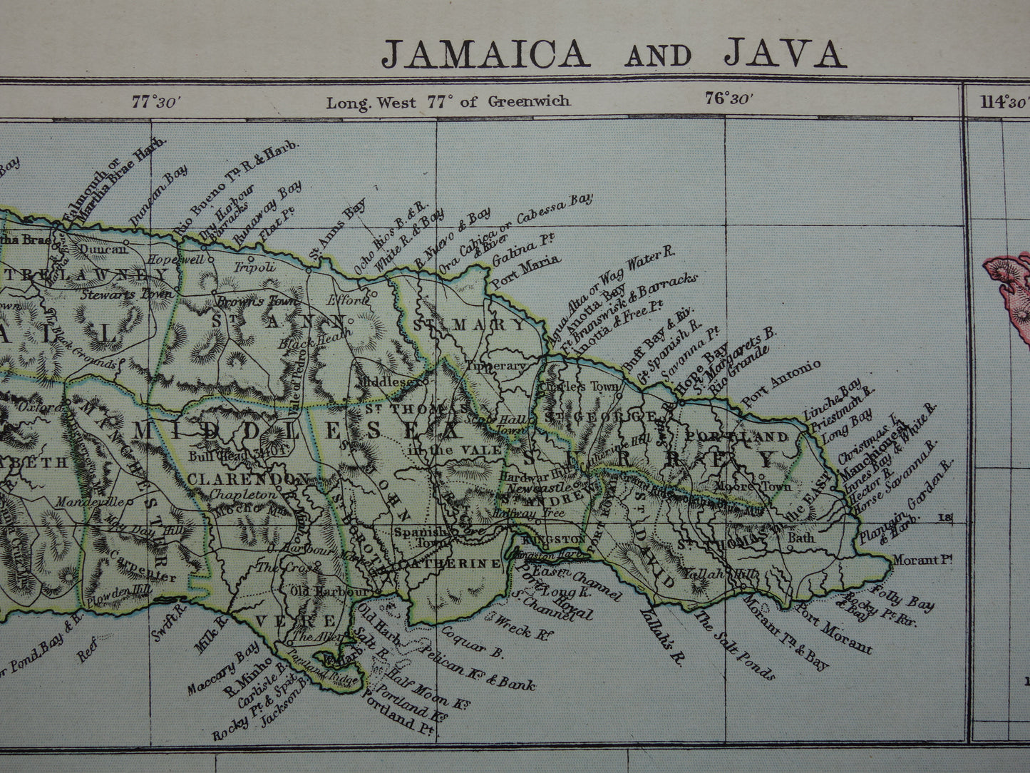 Old map of Jamaica Java and Bali original antique English map from 1880 vintage maps