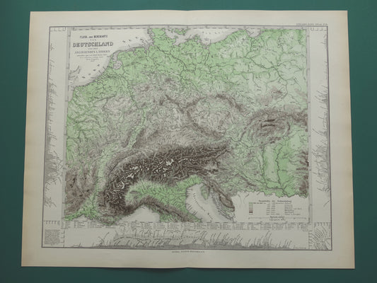 DUITSLAND oude kaart van Centraal Europa en Duitsland in 1876 originele antieke hoogtekaart Alpen Bergen Rivieren Geologie met jaartal te koop