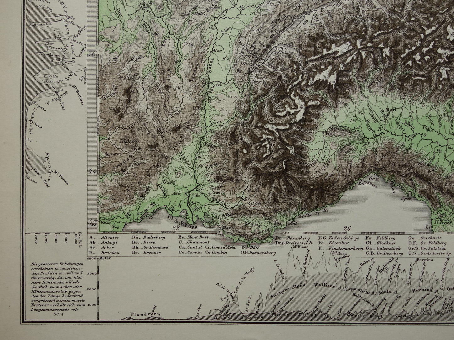 DUITSLAND oude kaart van Centraal Europa en Duitsland in 1876 originele antieke hoogtekaart Alpen Bergen Rivieren Geologie met jaartal te koop