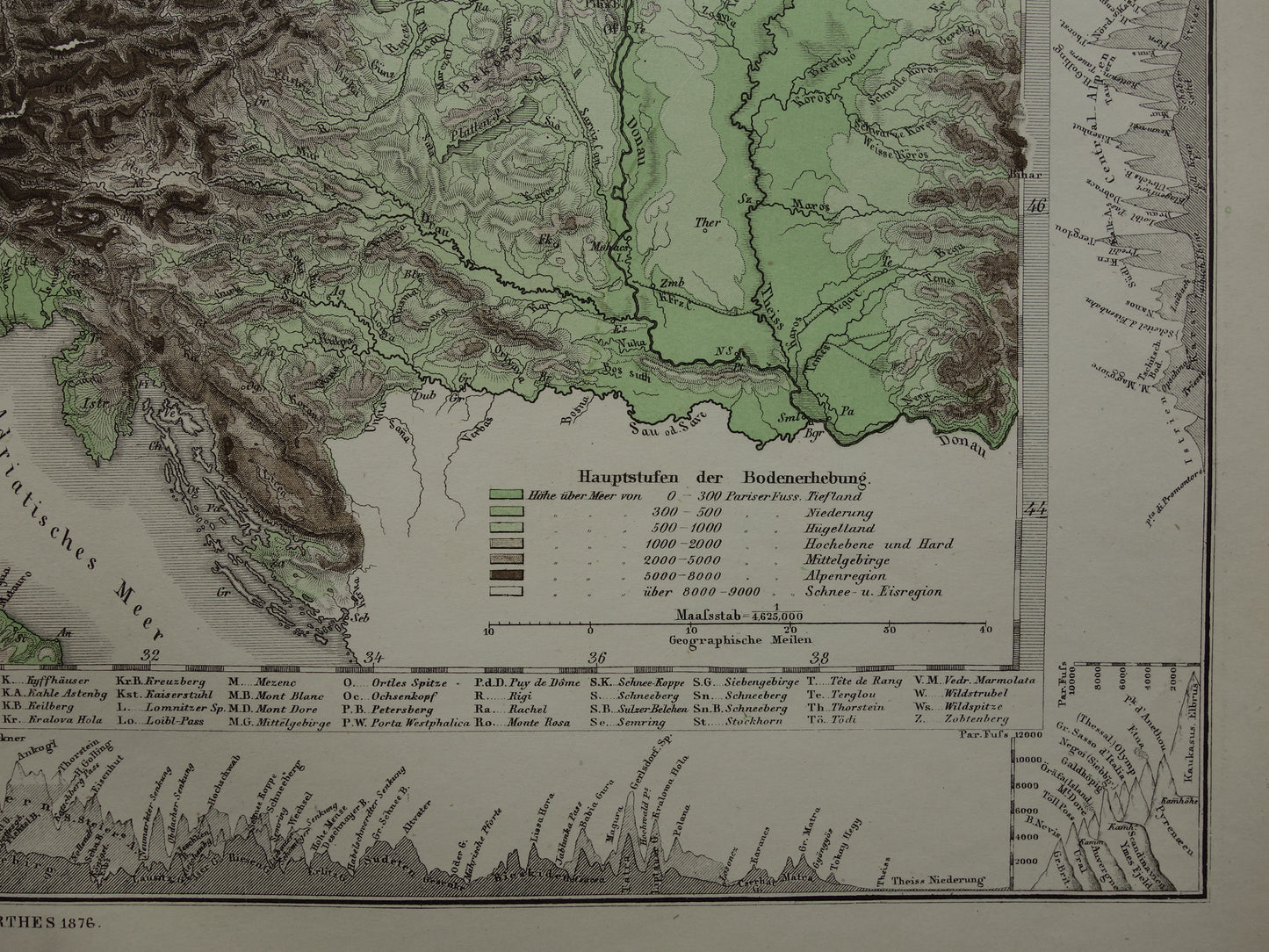 DUITSLAND oude kaart van Centraal Europa en Duitsland in 1876 originele antieke hoogtekaart Alpen Bergen Rivieren Geologie met jaartal te koop