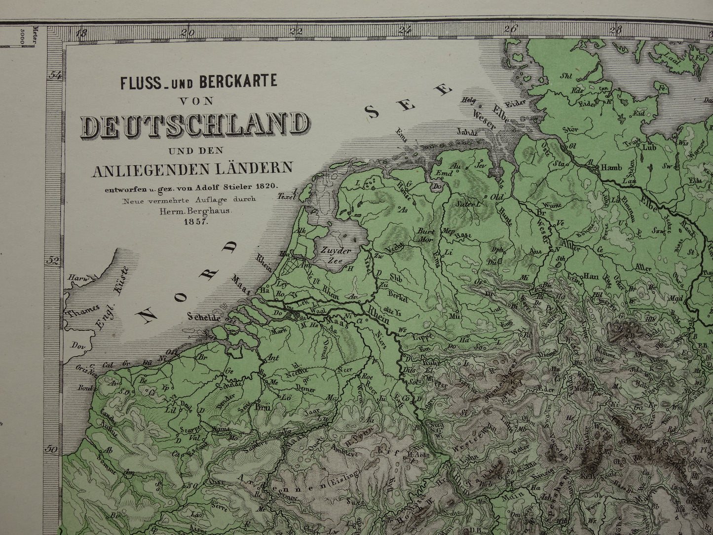 DUITSLAND oude kaart van Centraal Europa en Duitsland in 1876 originele antieke hoogtekaart Alpen Bergen Rivieren Geologie met jaartal te koop