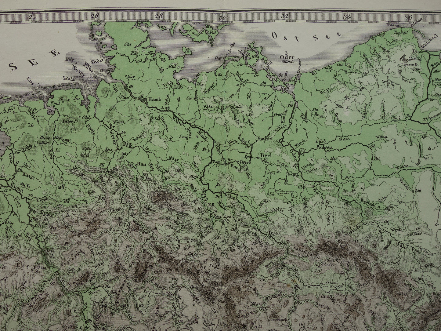 DUITSLAND oude kaart van Centraal Europa en Duitsland in 1876 originele antieke hoogtekaart Alpen Bergen Rivieren Geologie met jaartal te koop