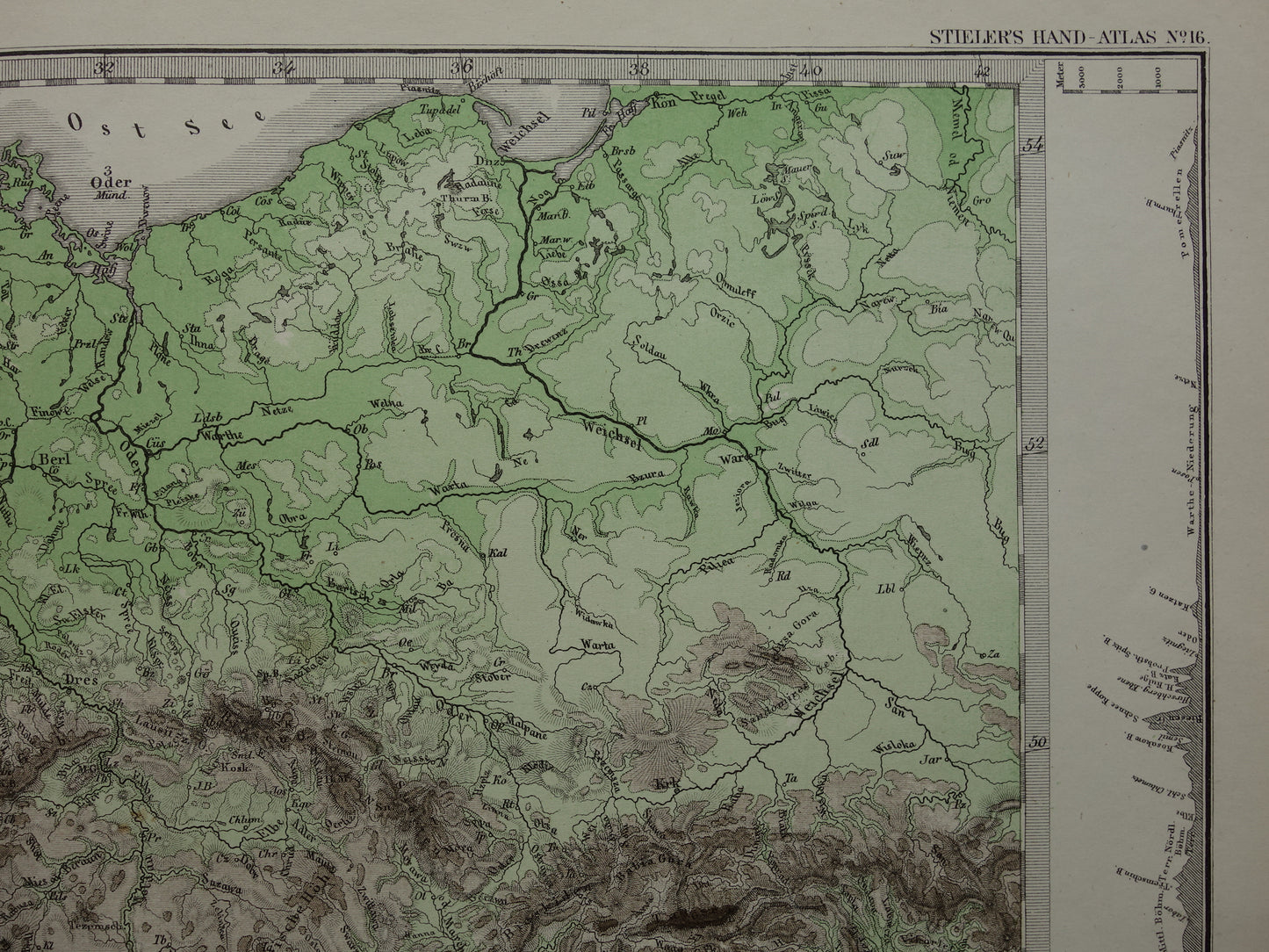 DUITSLAND oude kaart van Centraal Europa en Duitsland in 1876 originele antieke hoogtekaart Alpen Bergen Rivieren Geologie met jaartal te koop