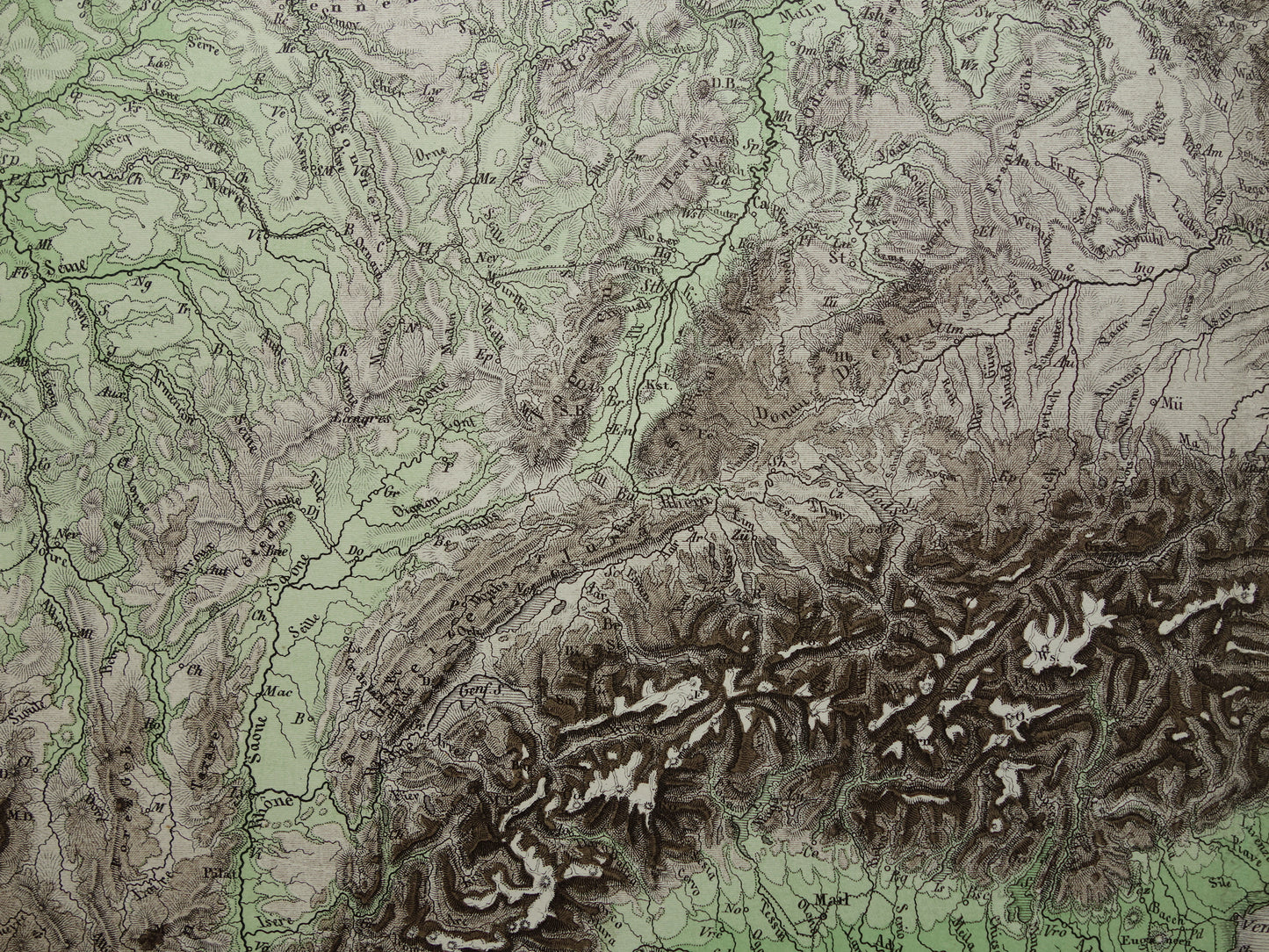 DUITSLAND oude kaart van Centraal Europa en Duitsland in 1876 originele antieke hoogtekaart Alpen Bergen Rivieren Geologie met jaartal te koop
