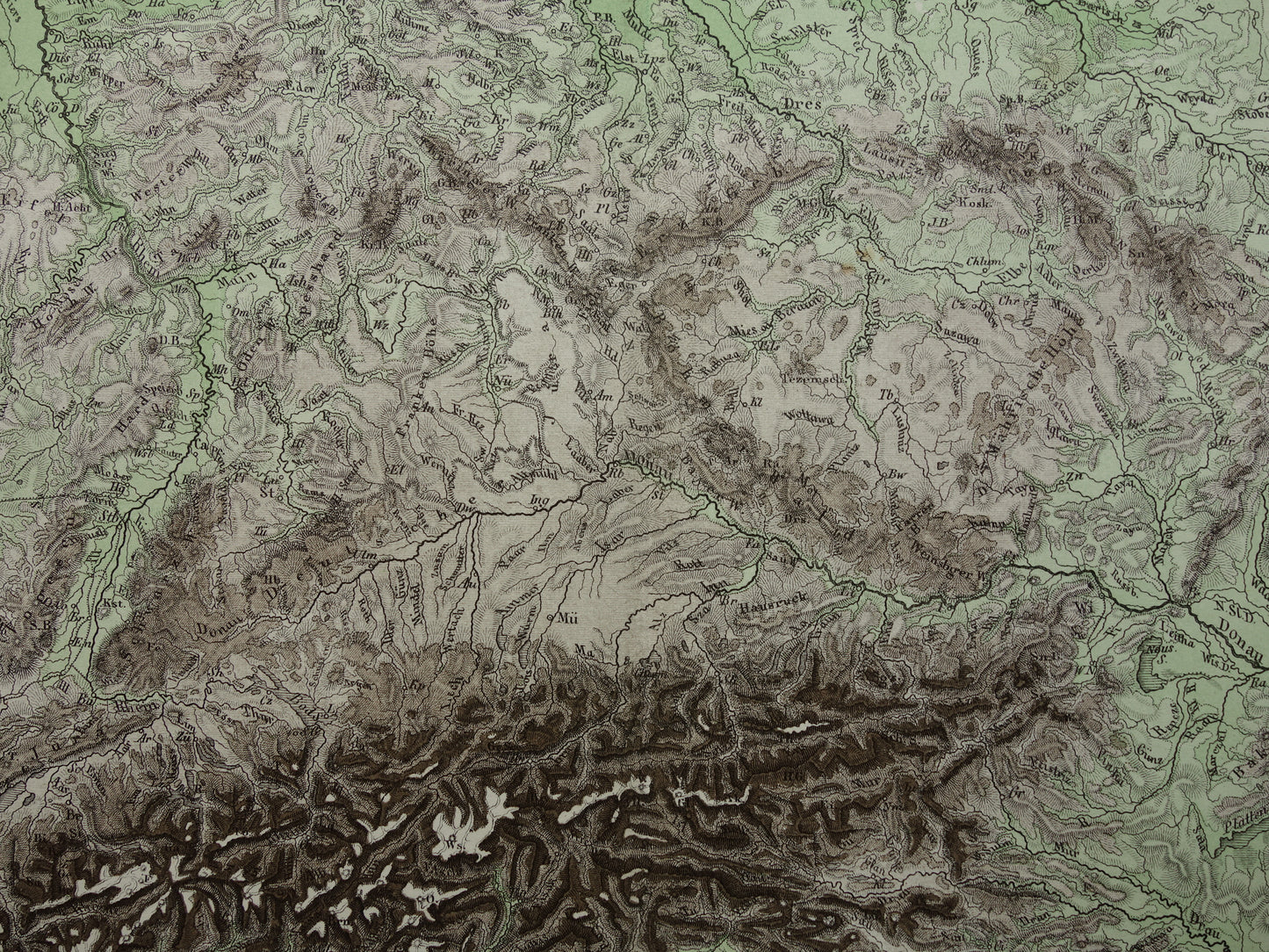 DUITSLAND oude kaart van Centraal Europa en Duitsland in 1876 originele antieke hoogtekaart Alpen Bergen Rivieren Geologie met jaartal te koop