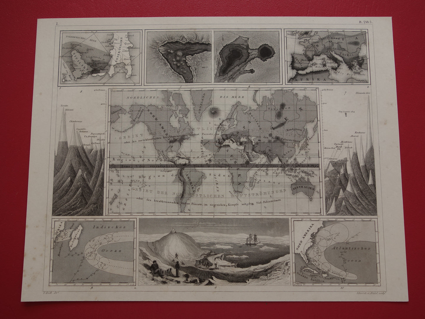 Antieke WERELDKAART oude kaart van de Wereld uit 1849 over vulkanen seismologie bergtoppen bergen