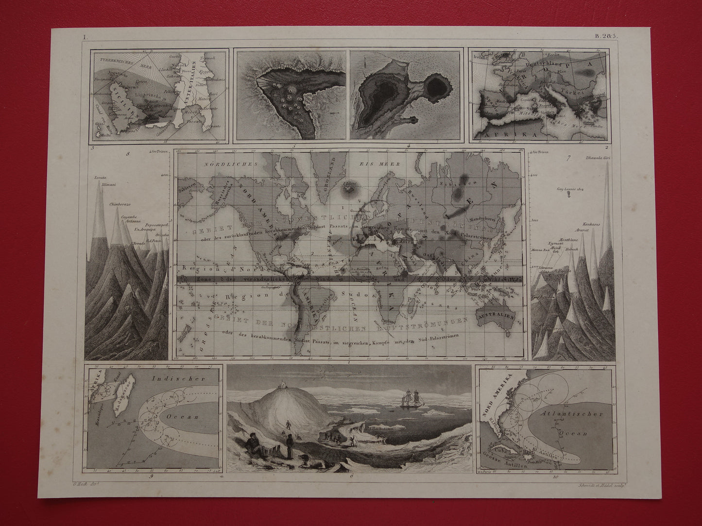 Antieke WERELDKAART oude kaart van de Wereld uit 1849 over vulkanen seismologie bergtoppen bergen