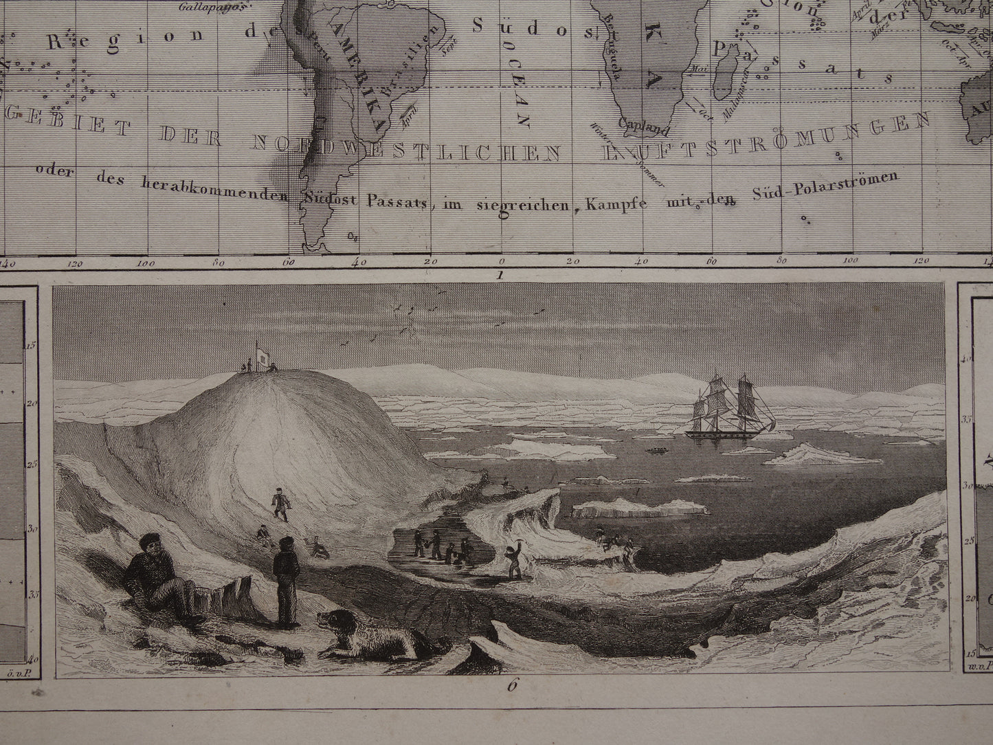 Antieke WERELDKAART oude kaart van de Wereld uit 1849 over vulkanen seismologie bergtoppen bergen