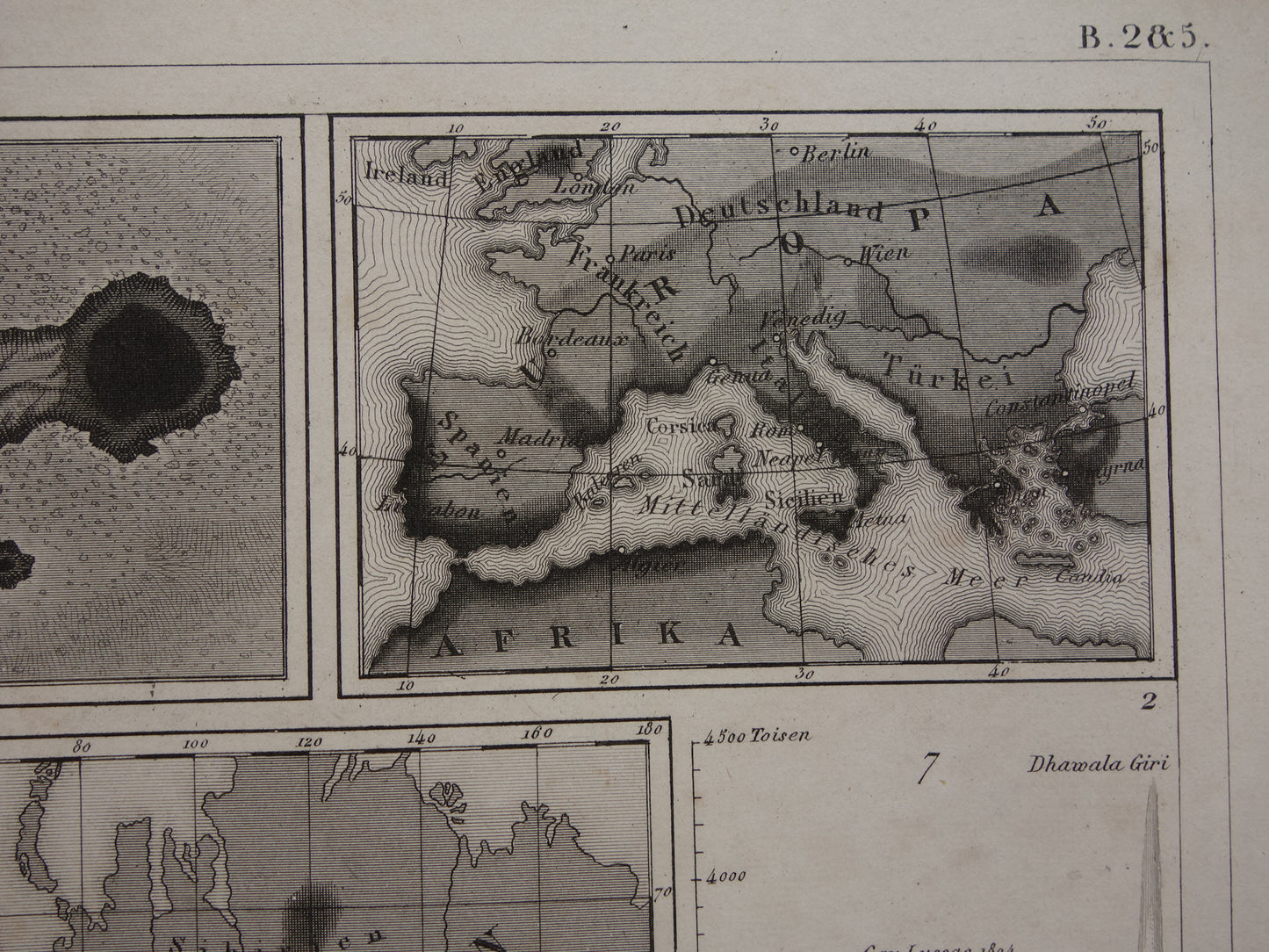 Antieke WERELDKAART oude kaart van de Wereld uit 1849 over vulkanen seismologie bergtoppen bergen