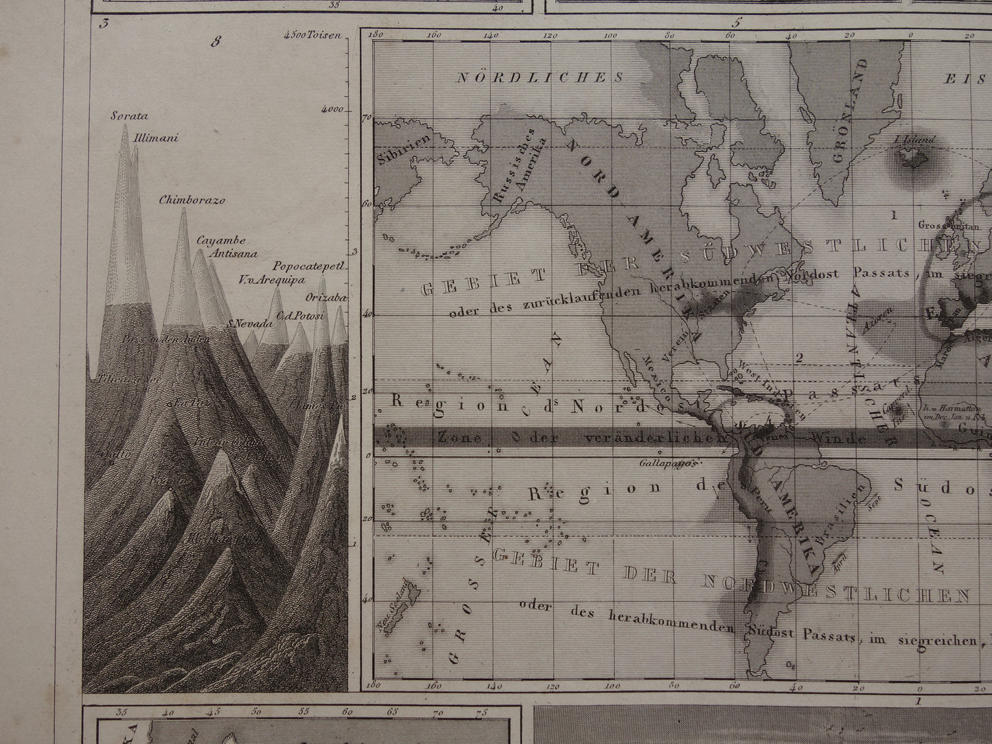 Antieke WERELDKAART oude kaart van de Wereld uit 1849 over vulkanen seismologie bergtoppen bergen