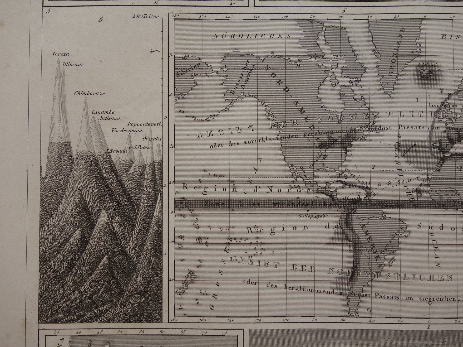 Antieke WERELDKAART oude kaart van de Wereld uit 1849 over vulkanen seismologie bergtoppen bergen