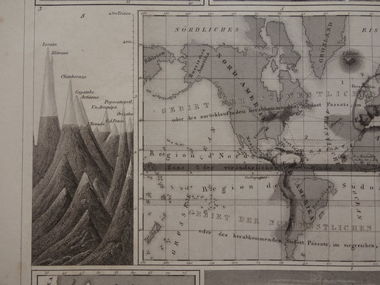 Antieke WERELDKAART oude kaart van de Wereld uit 1849 over vulkanen seismologie bergtoppen bergen