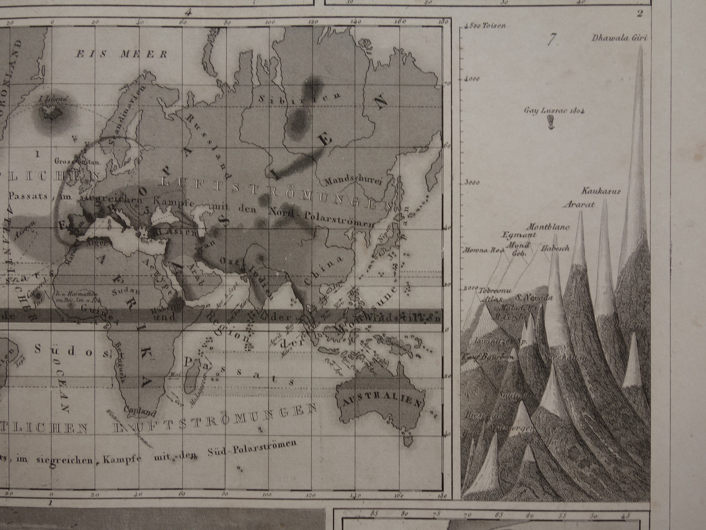 Antieke WERELDKAART oude kaart van de Wereld uit 1849 over vulkanen seismologie bergtoppen bergen