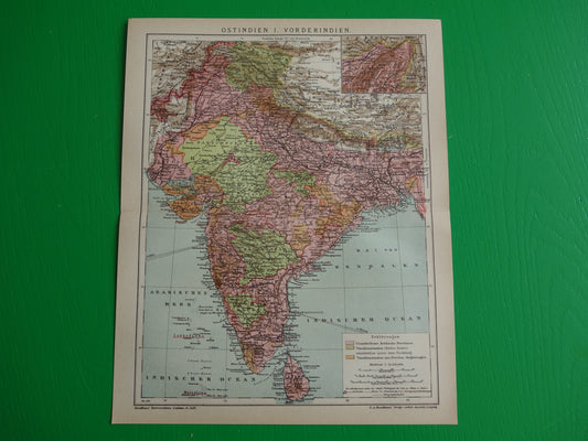 INDIA oude gedetailleerde kaart van India uit 1905 originele vintage landkaart