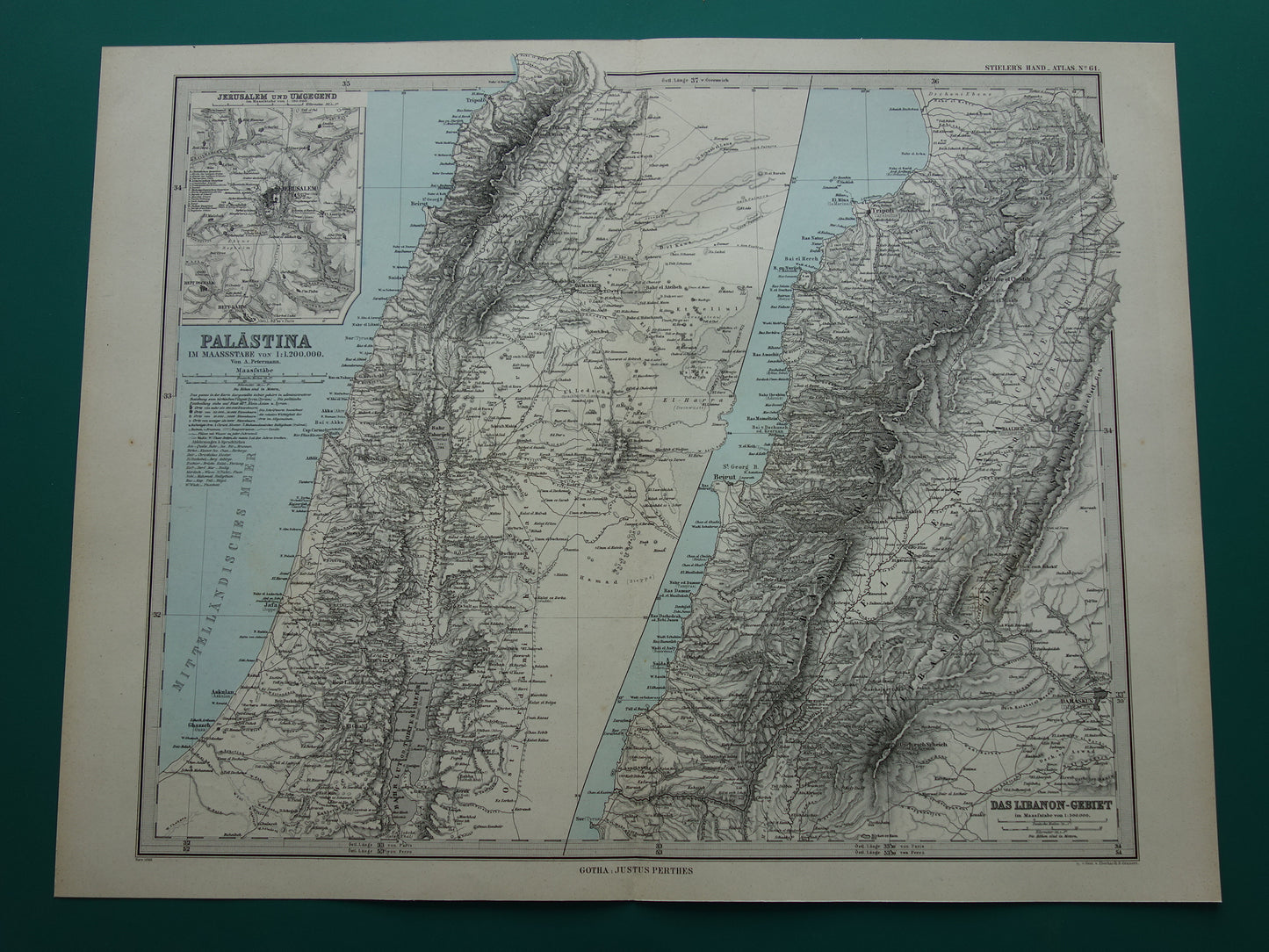 Alte Karte von Israel, Libanon, Palästina und Syrien aus dem Jahr 1886, originale antike Karte von Jerusalem und Damaskus