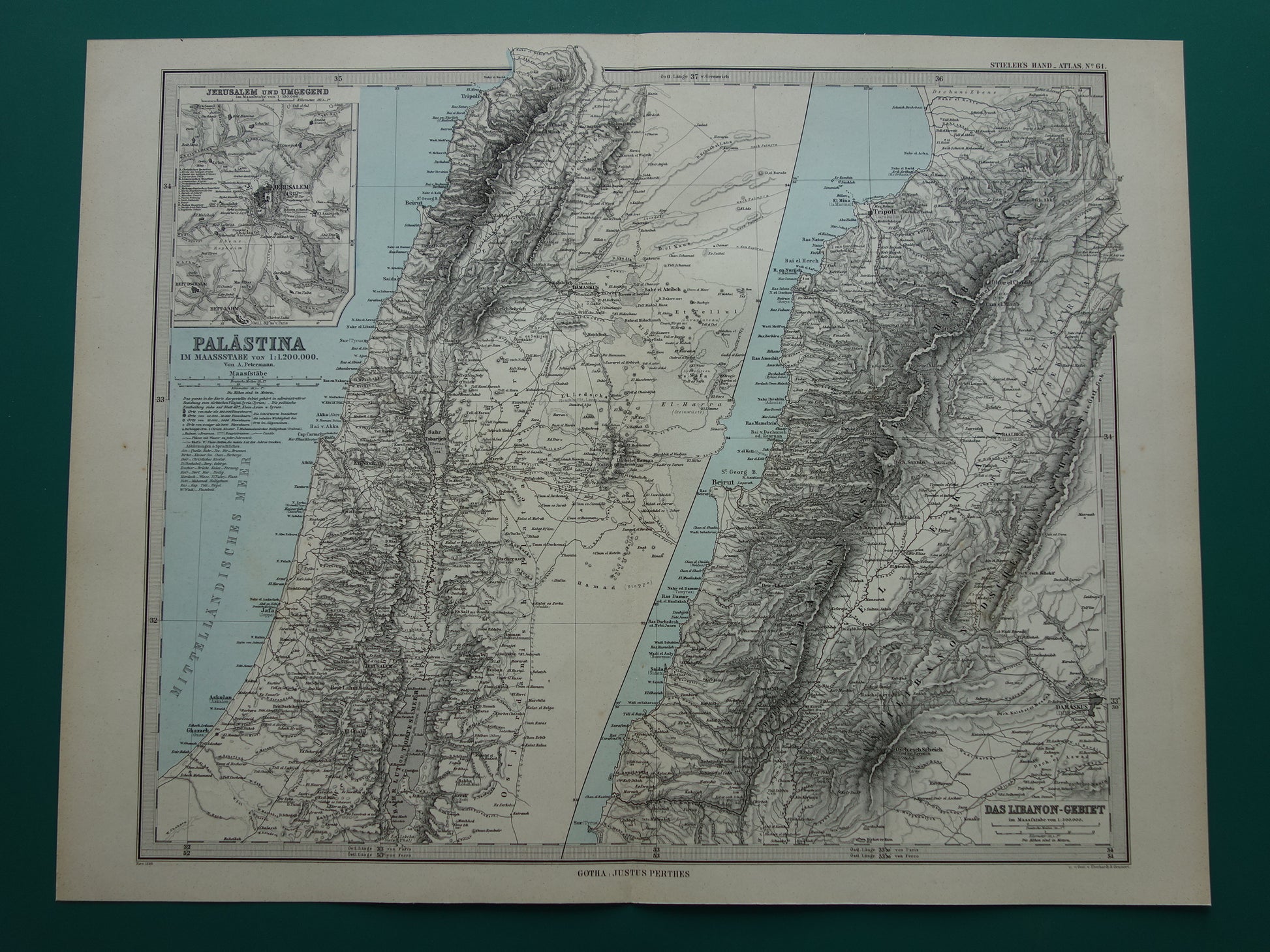 Oude kaart van Israël Libanon Palestina Syrië uit 1886 originele antieke landkaart Jeruzalem Damascus
