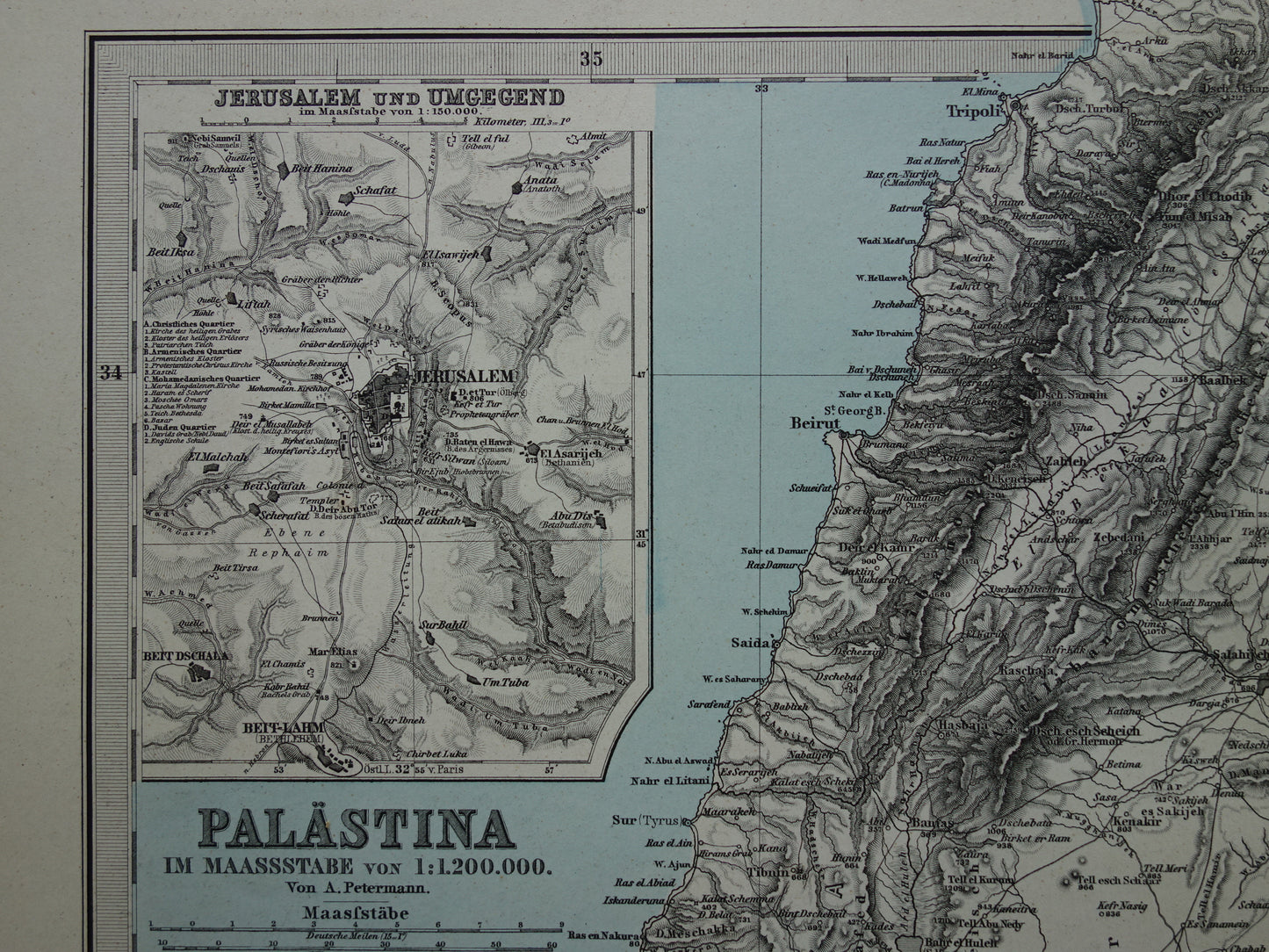 Alte Karte von Israel, Libanon, Palästina und Syrien aus dem Jahr 1886, originale antike Karte von Jerusalem und Damaskus
