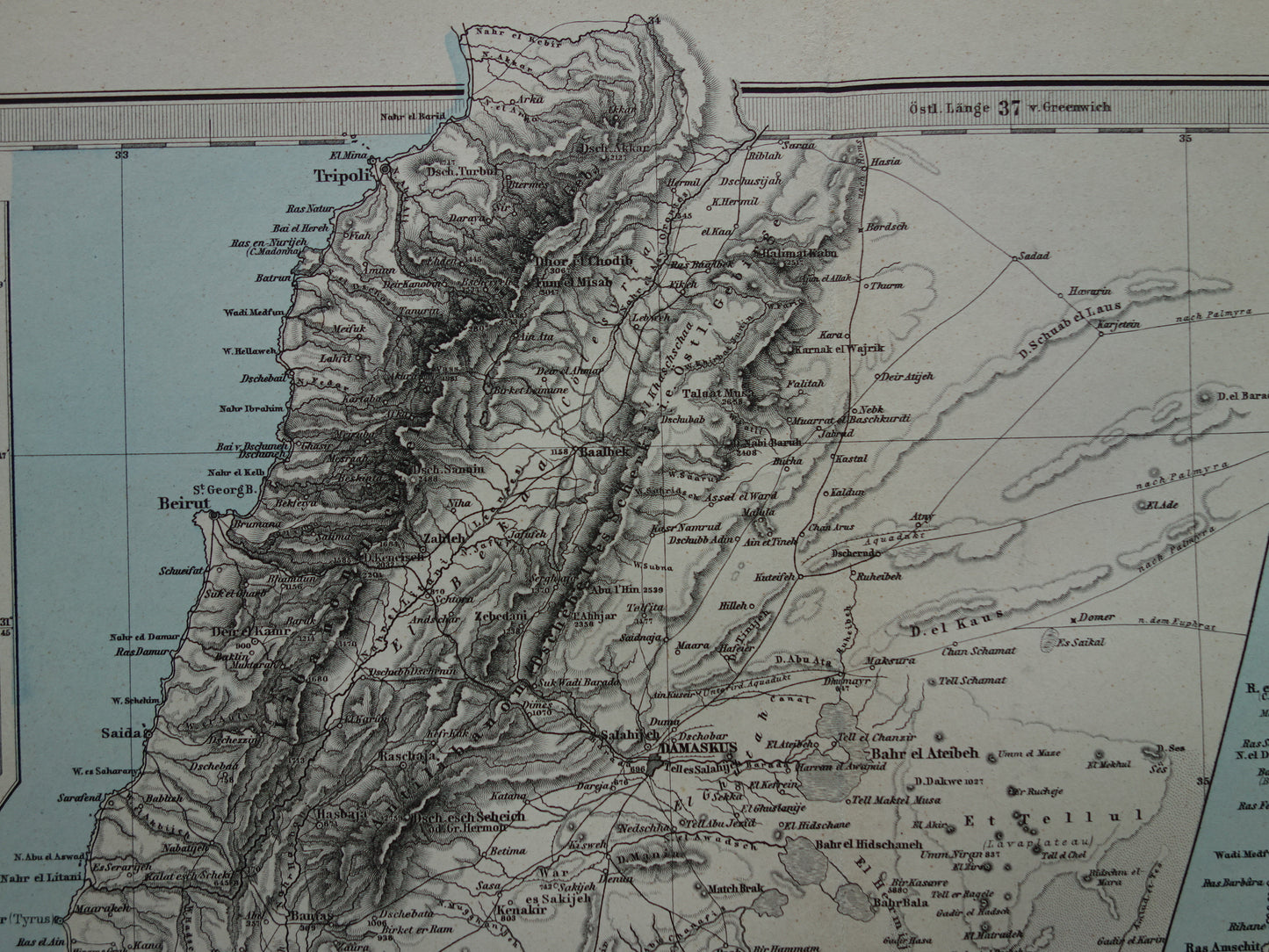 Alte Karte von Israel, Libanon, Palästina und Syrien aus dem Jahr 1886, originale antike Karte von Jerusalem und Damaskus