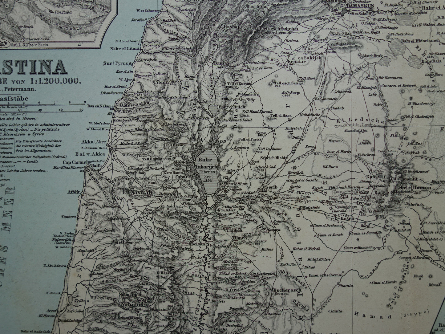 Alte Karte von Israel, Libanon, Palästina und Syrien aus dem Jahr 1886, originale antike Karte von Jerusalem und Damaskus