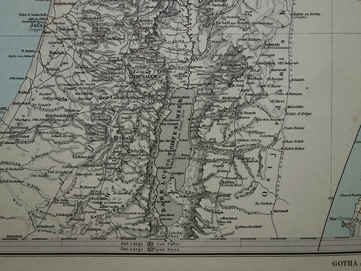 Alte Karte von Israel, Libanon, Palästina und Syrien aus dem Jahr 1886, originale antike Karte von Jerusalem und Damaskus