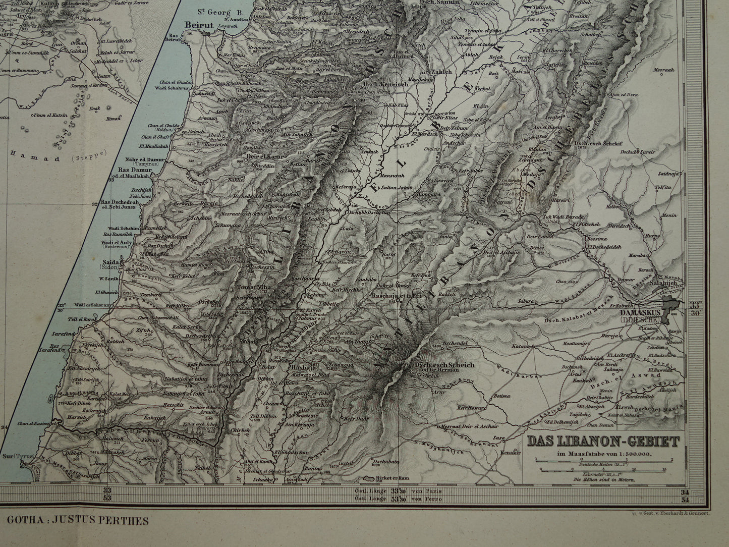 Alte Karte von Israel, Libanon, Palästina und Syrien aus dem Jahr 1886, originale antike Karte von Jerusalem und Damaskus