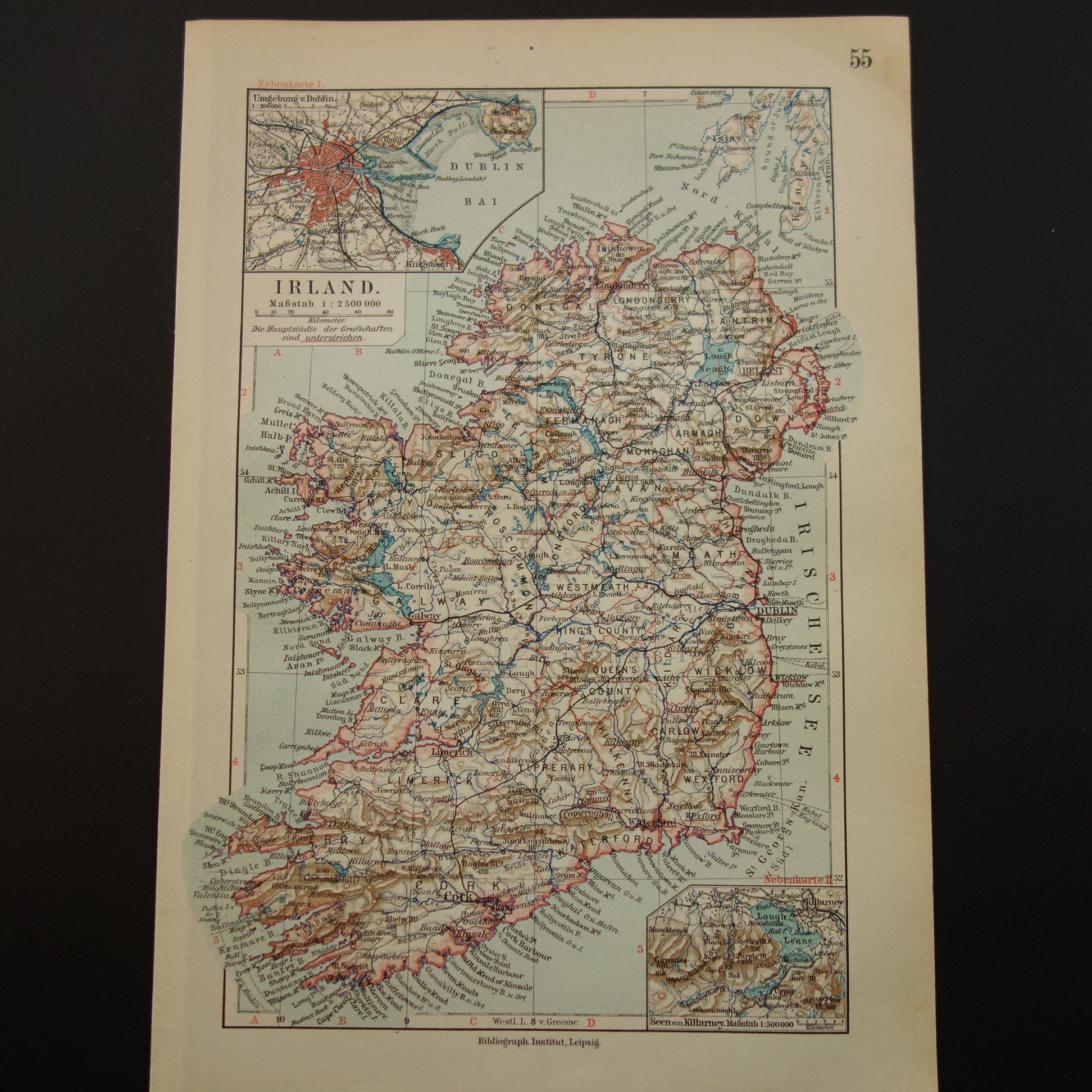 IERLAND oude kaart van Ierland 1913 originele antieke Duitse landkaart van Dublin Killarney