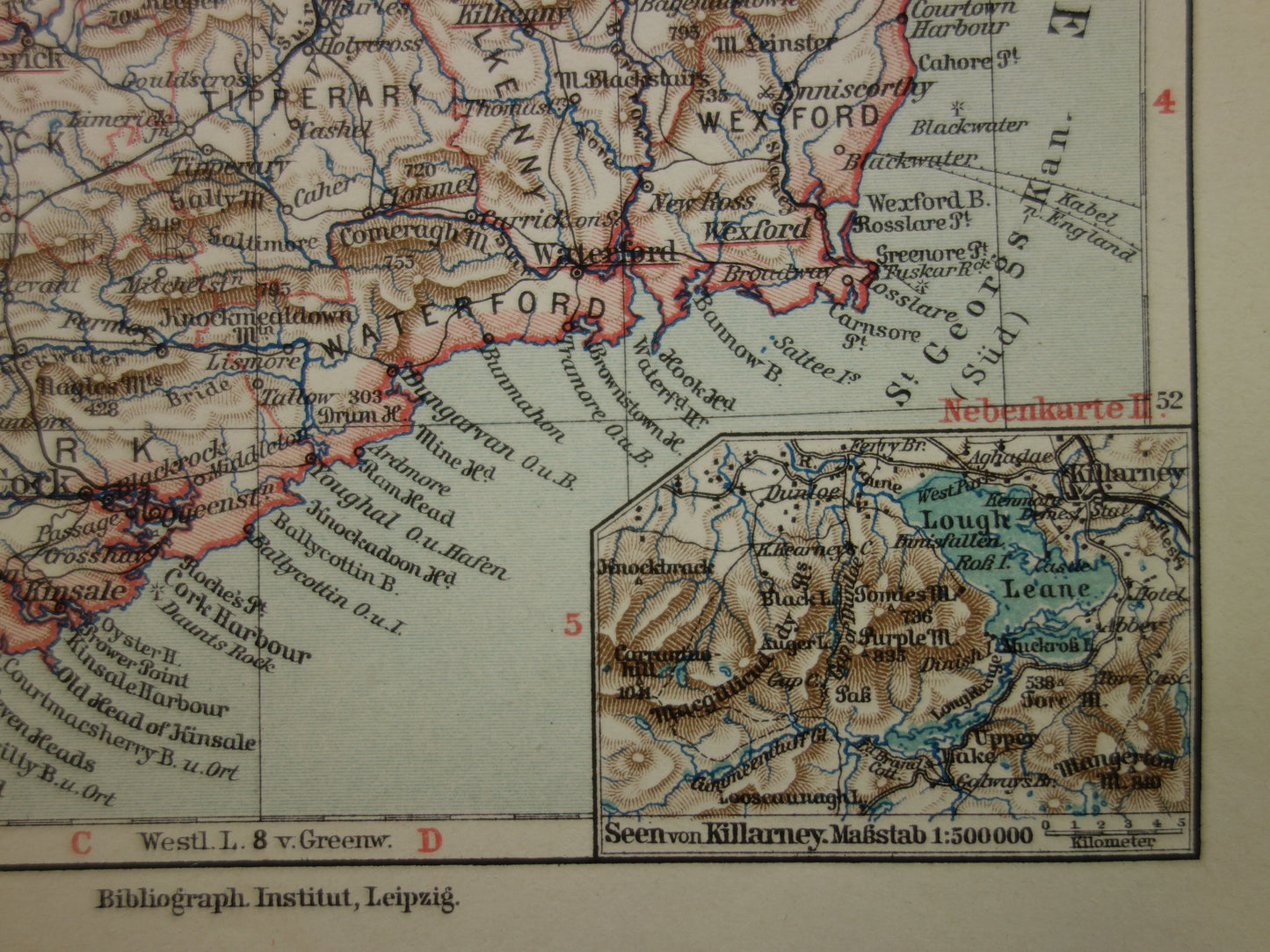 IERLAND oude kaart van Ierland 1913 originele antieke Duitse landkaart van Dublin Killarney