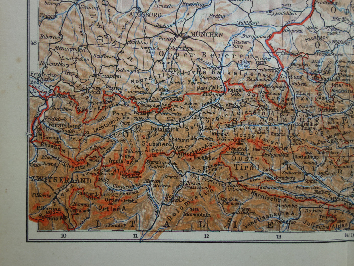 Oostenrijk en Tsjechië Oude kaart uit 1937 originele vintage Nederlanse landkaart hoogtekaart