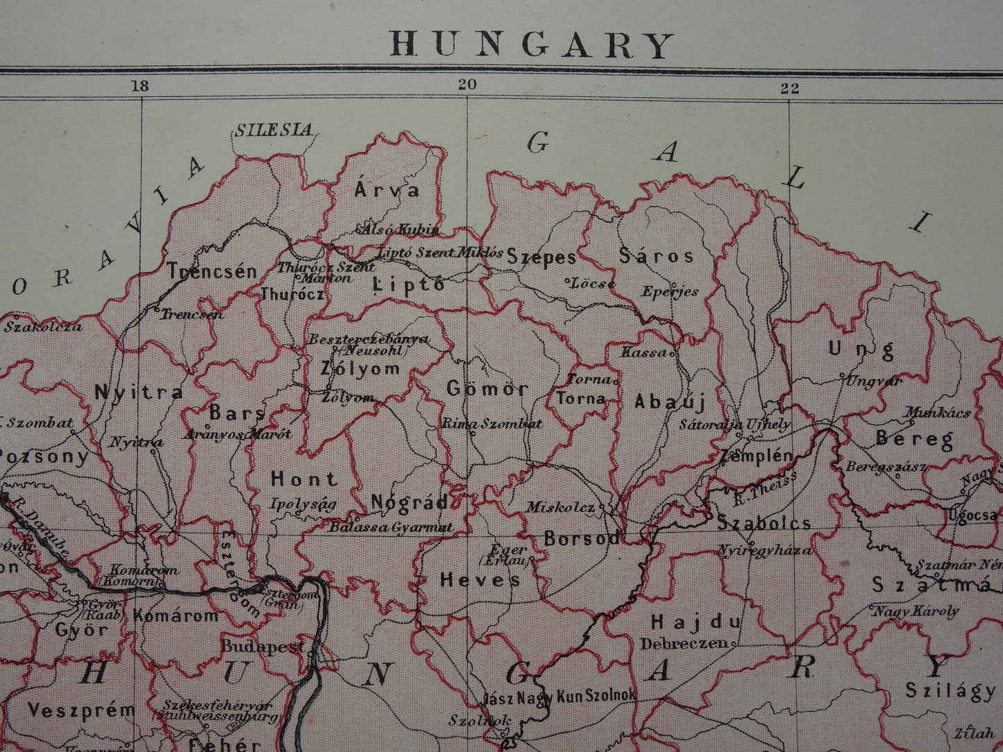 Hungary old map of Hungary from 1881 original antique English map