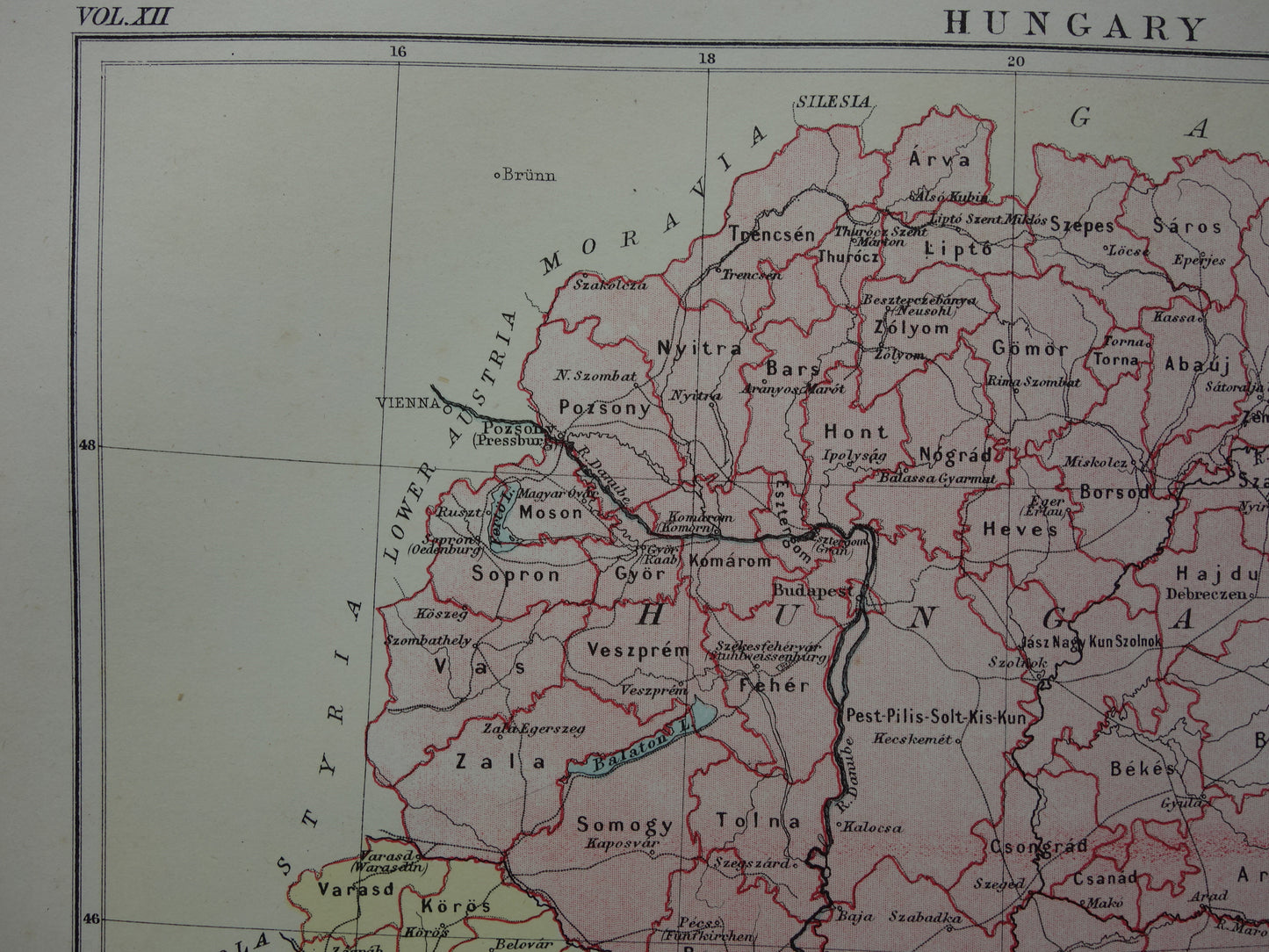 Hungary old map of Hungary from 1881 original antique English map