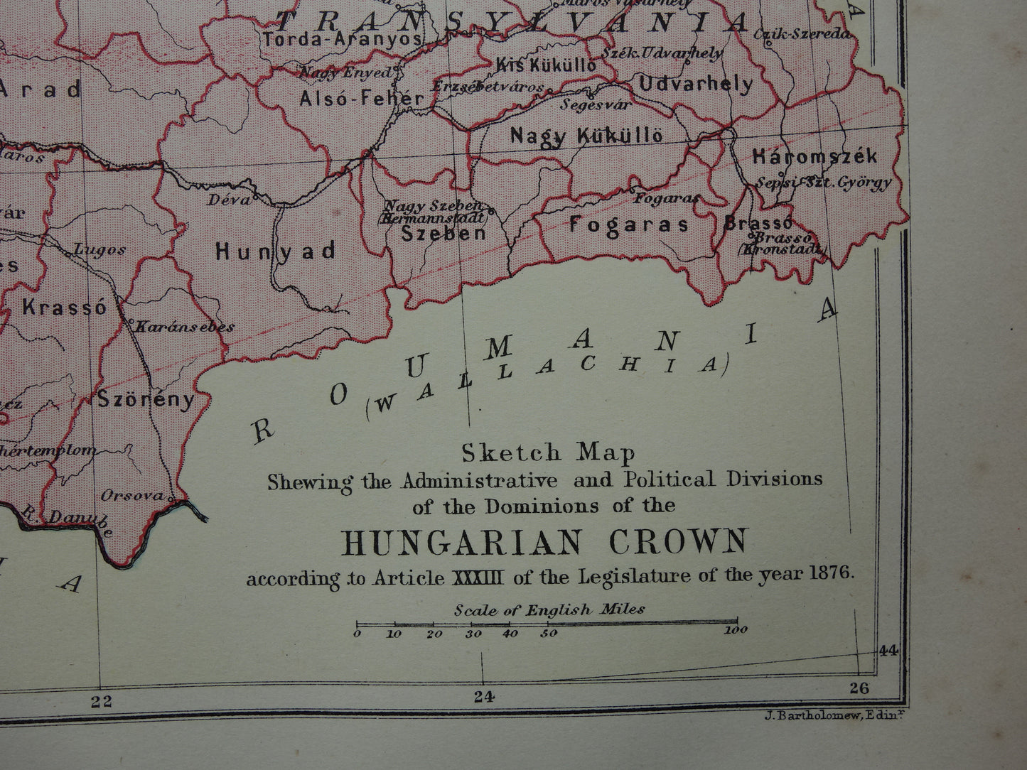 Hungary old map of Hungary from 1881 original antique English map
